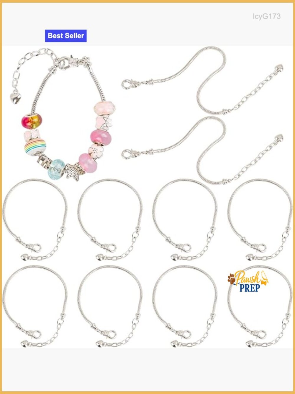 10 Pack Silver Snake Chain Charm Bracelets with Heart Clasp for Jewelry Making